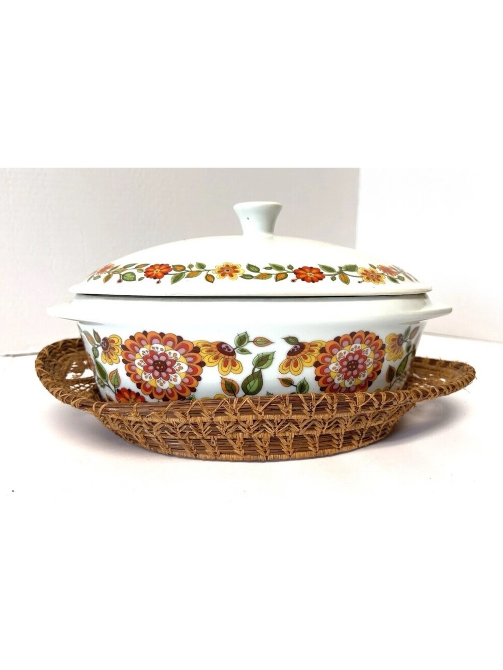 Vtg Real Brazil Calorama Porcelain Baking Casserole Dish Orange Floral w/ Basket